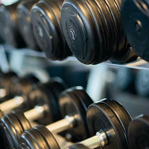 rek met hele grote dumbbells op een rij gebruikt bij personal training